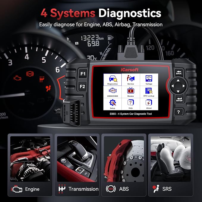 iCarsoft E660 2026 Version 4 Systems OBD2 Scanner, ABS SRS Engine Transmission Car Code Reader with 6 Reset Service Clear Fault Codes Battery Test Diagnostic Scan Tools Lifetime Free Upgrade