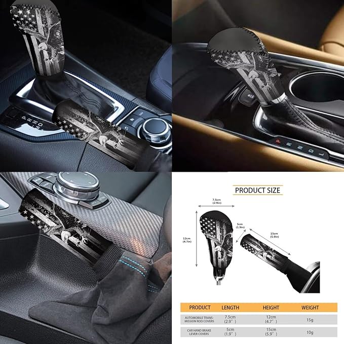 KEIAHUAN 11 Pcs Car Seat Covers Full Set with Stretchy Steering Wheel Cover/Coasters/Headrest Cover/Handbrake and Gear Shift Knob Cover, Easy to Install, Black American Flag Eagle