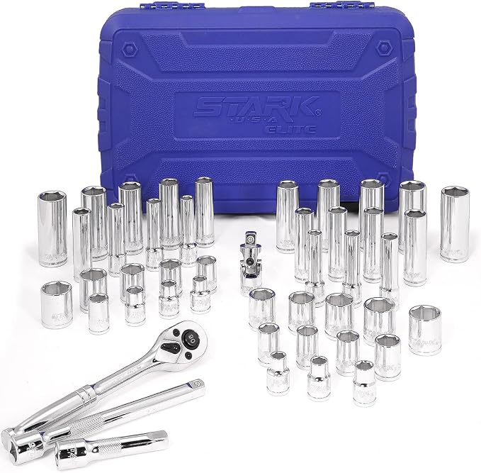 Stark USA 47-Pieces 1/4" & 3/8" Drive Impact Socket Wrench SAE (5/16" to 3/4") & Metric (8 to 19mm) Reversible Ratchet Deep & Shallow, 6 Point, Ratchet, Universal Joint, Adapters