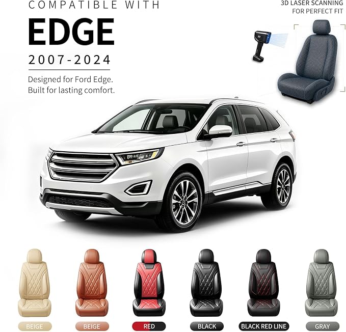 Fit Edge Car Seat Covers for Ford Edge 2007-2025 2026 - Luxury Leather, Anti-Slip, All-Weather Seat Cushions, Waterproof & Breathable, Airbag Compatible, Full 5-Seat Set (Black)