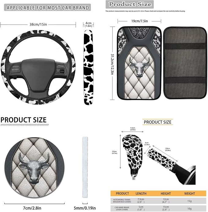 Lotusorchid Cow Print Seat Covers for Cars Full Set of 16, Washable Front and Rear Split Bench Seat Cover and Steering Wheel Cover, Decorative Automobile Interior Set for Men Women