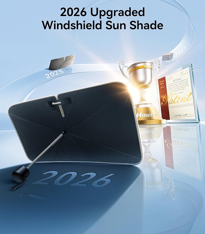 Nmoiss True Dual Layer Air Cooled Windshield Sun Shade Umbrella - [Drive to Superior Coolness & Comfort] Block 99% UV Sun Rays & Heat Damage Keep Cool and Protect Interior XL