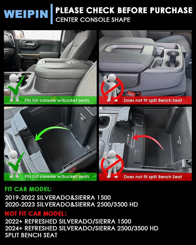 Silverado Sierra Center Console Organizer - Compatible with 2020-2022 Chevy Silverado/GMC Sierra 2500HD 3500HD Armrest - (Full Console w/Bucket Seats ONLY) - Black