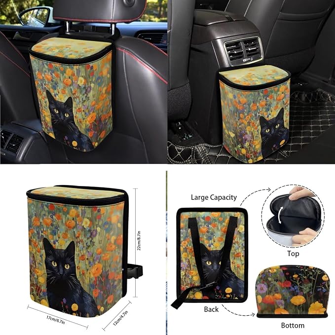 Cat Flower Print Auto Seat Covers Full Set, 10Pcs Car Accessories, Steering Wheel Cover, Air Vent Storage Box, Car Trash Bin, Cup Coasters, Keychain, Universal Fit for SUV Truck Van
