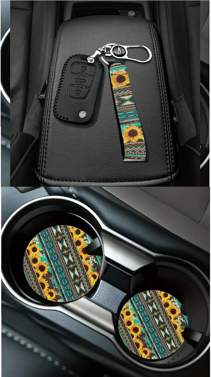 Dreaweet Sunflower Aztec Seat Covers Full Set Green Universal Car Accessories for SUV Trucks Steering Wheel Covers Seatbelt Covers Coaster Trash Can Air Vent Holder Rear View Mirror Cover Keychain