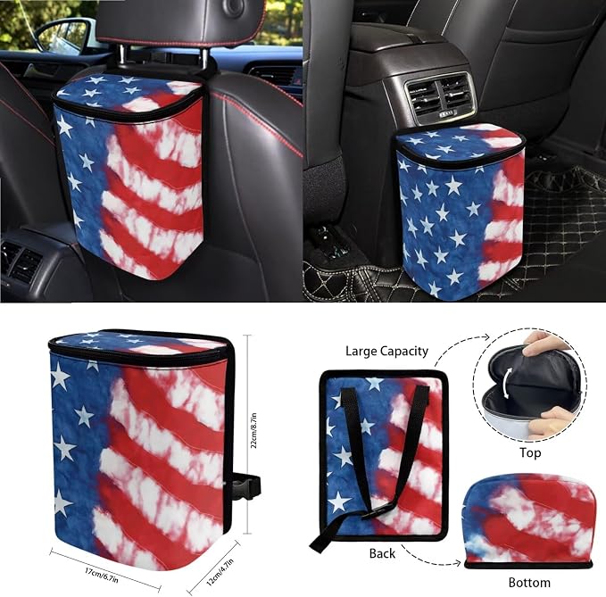 American Flag Pattern Car Accessories Set of 15, Full Set Seat Covers for Cars Steering Wheel Cover Seat Belt Cushion Car Trash Can Air Vent Storage Bag Cup Coasters Universal Fit