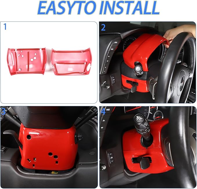 Steering Column Cover Trim Kit Compatible with Chevy Corvette C6 2005-2013, Carbon Fiber Pattern Steering Wheel Base Trim Cover Accessories (Sports red)