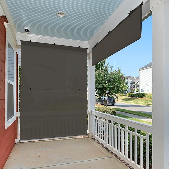 E&K Sunrise 7'W x 13'H Outdoor Roller Shades Patio Cordless Roll Up Blinds Foldable Sun Shade UV Block Exterior Sun Screen for Outside Porch Backyard Deck Pergola (Brown)