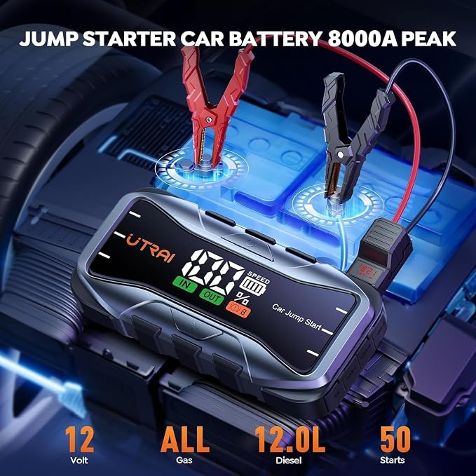 UTRAI 8000A Portable Jump Starter for Car, 12V Jump Box for Car Battery, All Gas & 12L Diesel Engines, 27000mAh Jump Pack with 65W USB-C Fast Charging, 2 USB & DC Output, 600LM LED Flashlight
