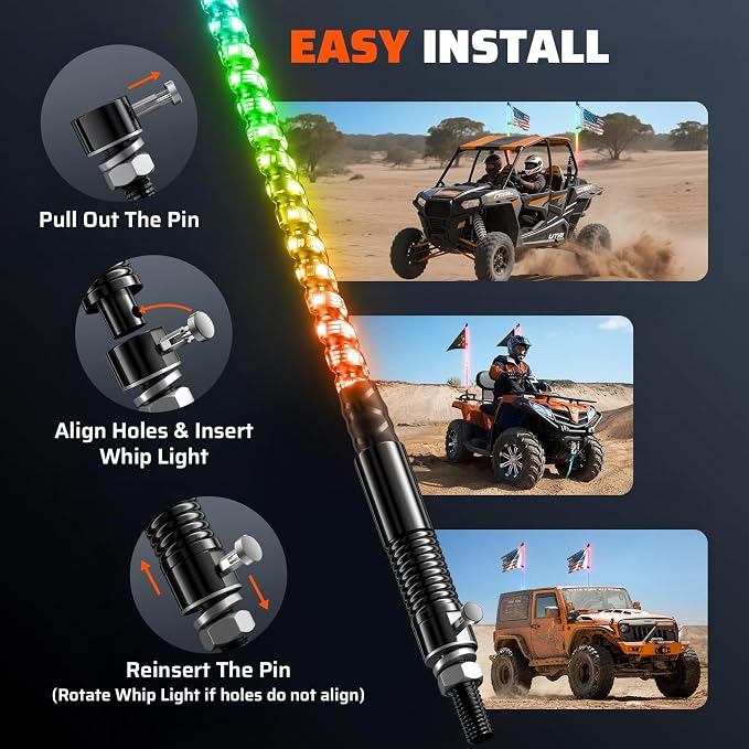 Ehaho 2 PCS 2FT Whip Lights with Spring Base, APP & Remote Control Led Whip Lights for Side by Side, Spiral RGB Chasing Lighted Whips with Rocker Switch, Music Led Whips for UTV ATV RZR SXS Can-Am