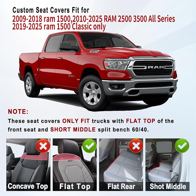 Huidasource Dodge Ram Seat Covers, Front & Rear Pickup Truck Leather Seat Cover Fit for 2009-2018 1500, 2010-2025 2500/3500 Crew Mega Cab, 2019-2025 ram 1500 Classic only(Full Set/Black&Red)