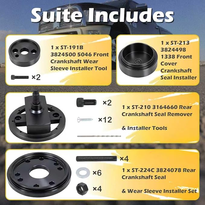 Front+Rear Crankshaft Seal Remover & Installer with Wear Sleeve Installer Tool Set for 1989-2016 Cummins 3.9L 5.9L 6.7L B Series ISB ISL QSB 5.9L Replace 3824498 3824500 3164660 3824078