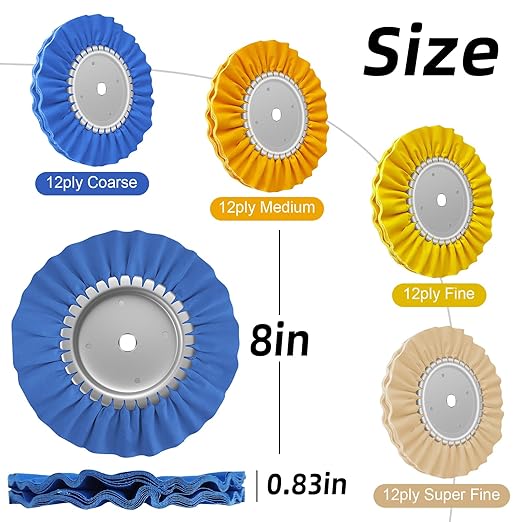 5/8” Arbor 8” 12Ply Airway Buffing Wheel Kit – 11Pcs Polishing Set for Aluminum & Stainless Steel – No Flange Needed – Gloves Included