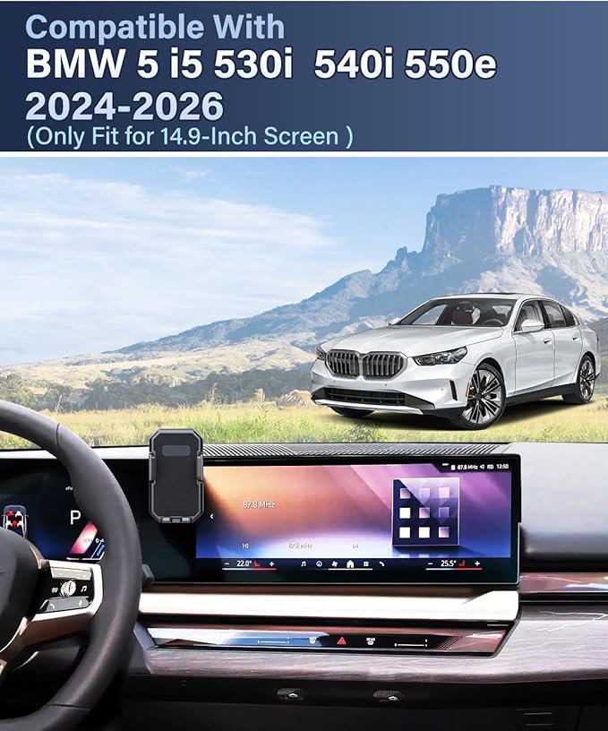 PZK Car Phone Holder for 2024 2025 2026 BMW 5 Series/BMW i5 /BMW 530i 540i 550e Accessories 14.9-Inch Screen Fixed Clip, Car Phone Holder Auto Lock, 360°Rotation Fit 4.0-7.0'' Phone Automobile Cradles