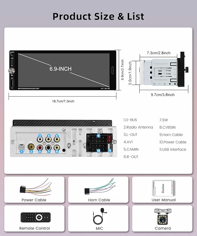 Car Stereo Single Din Wireless Carplay 6.9 inch Touch Screen Android Auto, Rimoody Car Radio with Bluetooth 5.2 Mirror Link FM/EQ USB/AUX/TF/SWC/MIC Car Audio Receiver with Backup Camera