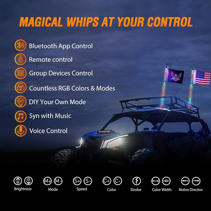 Nilight 2PCS 2FT RGB LED Whip Light with Extra Stop Turn Reverse Lights, Remote & App Control, DIY Chasing Patterns, Safety Antenna Lighted Whips for ATV UTV Polaris RZR Can-am