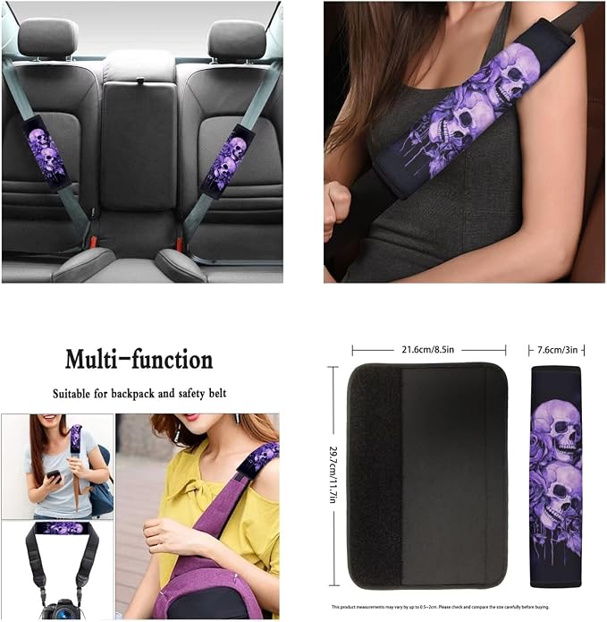 Ystardream Purple Skeleton Car Seat Covers Full Set - 11 Pcs Automotive Accessories with Rubber Steering Wheel Cover, Auto Seat Belt Covers & Keychain, Gothic Style Universal Fit for Night Driving