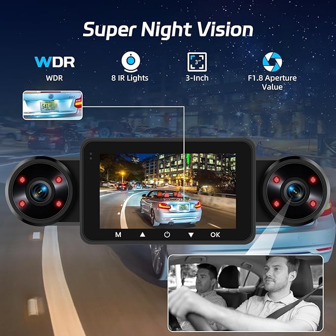 NHOPEEW Dash Cam Front and Rear Inside, 4 Channel Dash Cam 3" IPS Screen Front and Back with 8 IR Night Vision Lights, Loop Recording, 24 Hours Recording, G-Sensor, Reverse Help + 64G Memory Card