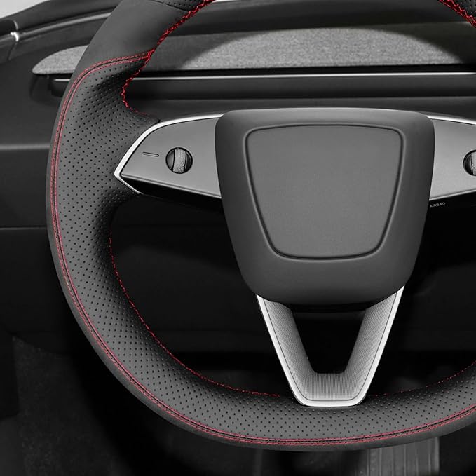 MEWANT Hand Stitch Black Suede Perforated Genuine Leather Steering Wheel Cover for 2024 Tesla Model 3 Highland