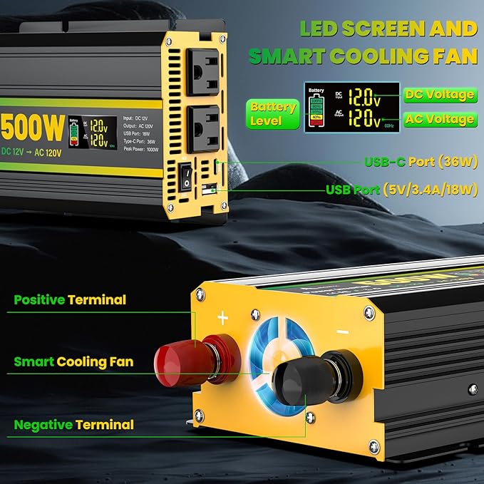 500 Watt Power Inverter for Vehicles, Car Power Inverter with 2 AC Outlets/Cigarette Lighter/PD 36W USB-C/QC 18W Port/LED Display, Inverter 12V to 110V for Truck/Car/Laptop/Camping with Surge 1000W