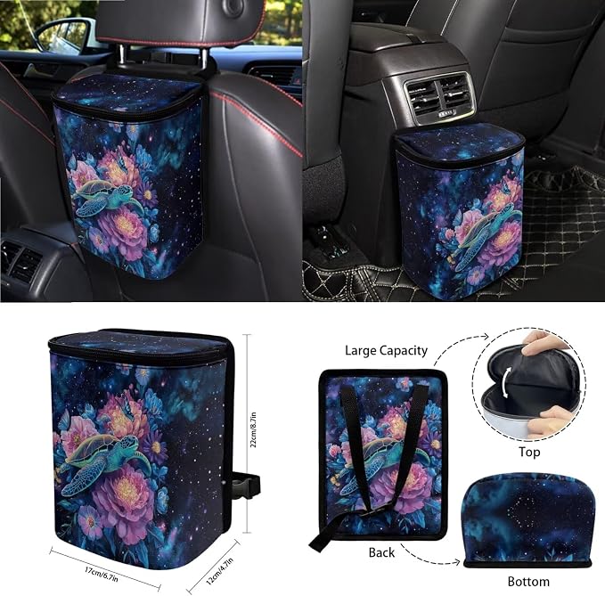 Turtle Peony Flower Star Butterfly Print Full Set with Front Back Seats Covers Steering Wheel Cover Rearview Mirror Cover Keychain Trash Can Auto Seat Belt Pads, Coaster for Women Men