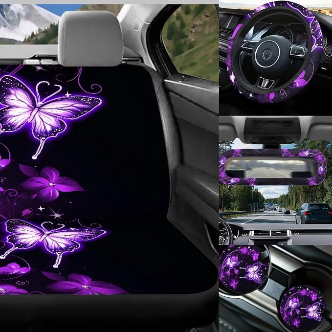 Purple Butterfly Car Seat Covers Full Sets with Front and Split Rear Bench,Butterflies Car Aaccessories Sets for Women Auto Interior Accessories with Headrest Covers,Seat Belt Shoulder Pad