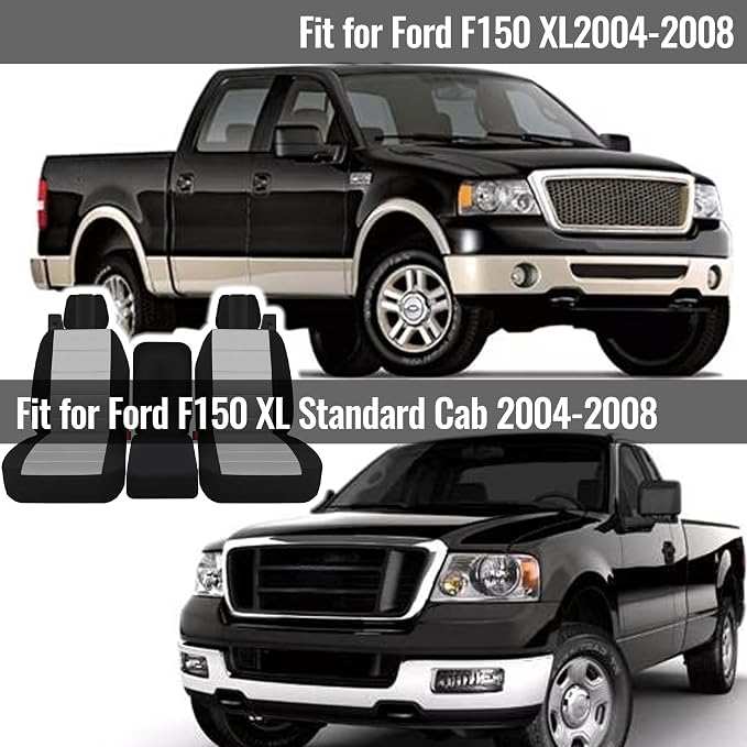 Front 40/20/40 Thickened Heavy-Duty Oxford Fabric Seat Covers Compatible with Ford F150 XL/Standard Cab 2004-2008, Split Bench with Integrated Seatbelts & Solid Armrest-Gray
