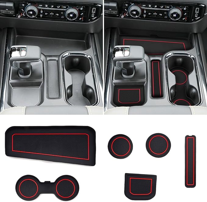 Silverado Sierra 1500 Console Liners - Compatible with Refreshed Models 2022-2026 Silverado/Sierra 1500 - [3D High-Edge Liquid Silicone] 6PCS Cup Holder Mats, Full Console w/Bucket Seats ONLY - Red