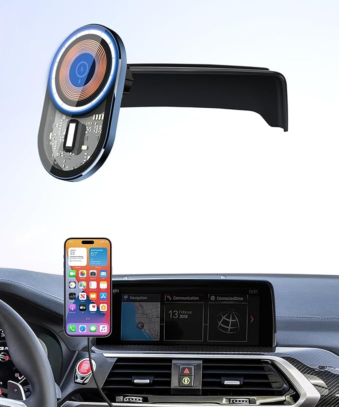 Wireless Charging Car Phone Holder for BMW X3 2018-2021 / X4 2019-2021, 10.25/10.3" Screen Fixed Clip, 360° Rotation Car Phone Mount Compatible with MagSafe