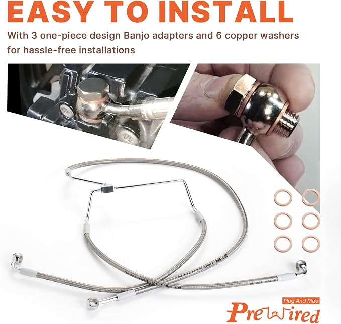Front Dual Disc Brake Line 14" Handlebars +4" Extension Brake Cable NO ABS for Harley 2014-2023 Touring Road King/Road Glide/Street Glide/Electra Glide Models Stainless Steel Braided, Chrome