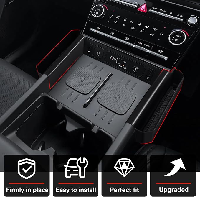 Muslogy Console Organizer Compatible with 2024 2025 2026 Hyundai Santa Fe Accessories Middle Console Storage Box Phone Pockets & Wireless Phone Charging Mat & Cup Holder Inserts Drink Holder