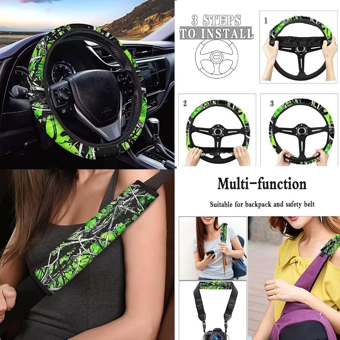 Car Seat Covers Full Set for Women Men Green Camo Hunting Wood Forest Oak Print Universal Auto Accessories with Steering Wheel Cover,Seat Belt Pad,Keychain,Coaster,Lipstick Holder