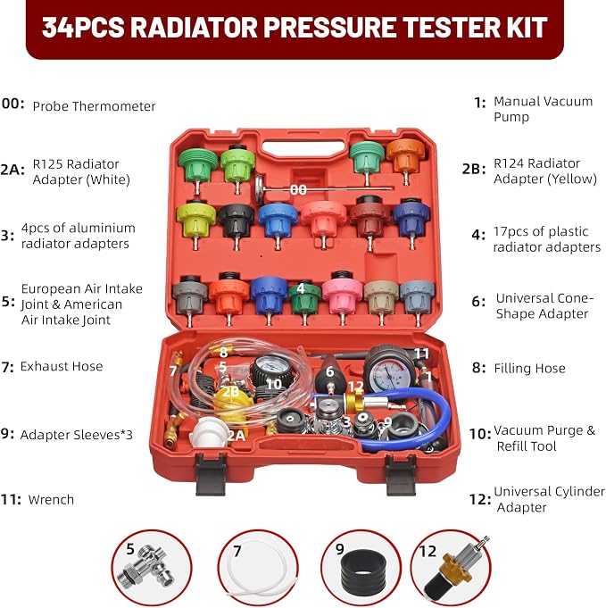 34pcs Coolant Vacuum Refill Kit with 25 Radiator Adapters, Coolant Pressure Tester Kit, Radiator Cooling System Pressure and Vacuum Purge Refill Tool