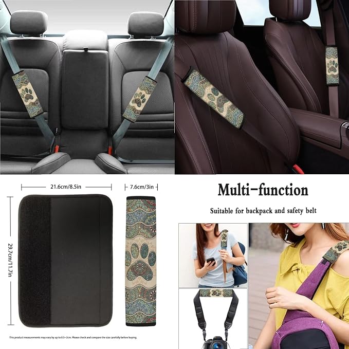 Suobstales Boho Mandala Dog Paw Print Car Accessories for Women Men Car Seat Covers Full Set Interior Cover Seat Protectors with Steering Wheel Cover, Seat Belt Pads, Coaster, Keychains