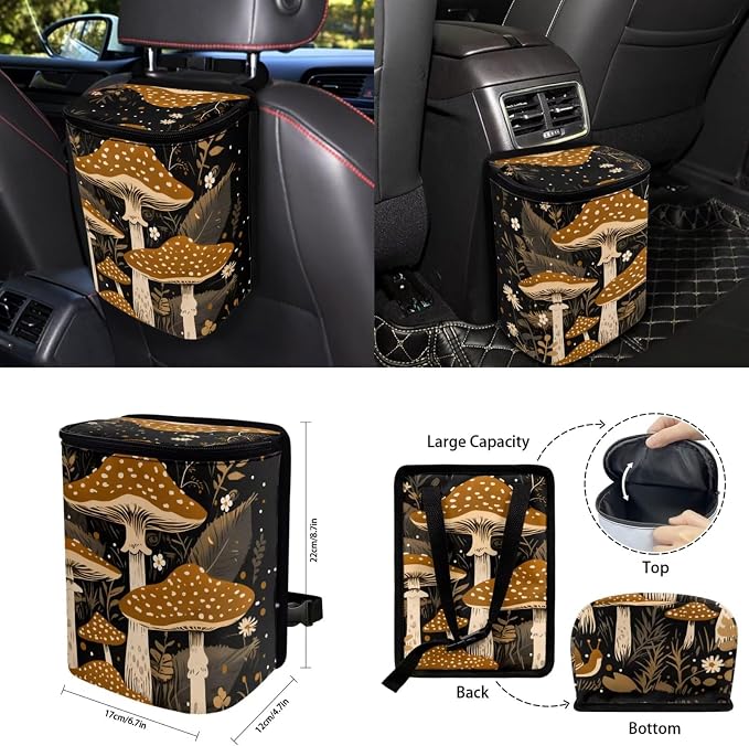 Mushroom Car Aaccessories Full Set of 15 Pcs, Cute Car Seat Covers Set with Rear View Mirror Cover,Steering Wheel Covers,Car Trash Can with Lid for Women Man,Universal Fit