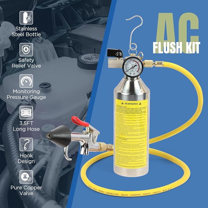 AC Flush Kit Home A/C Flush Tool Automotive A/C Flush Kit House AC Flushing Kit 1L Stainless Steel Bottle R134A R12 R22 R404 R410A Air Conditioner System Flush Canister Kit Clean Tool Set