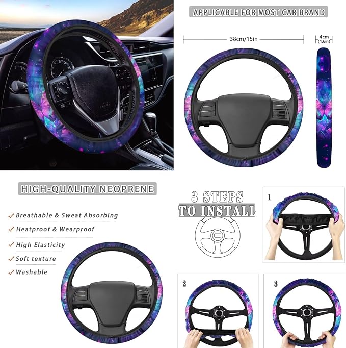 Howilath Purple Butterfly Flower Front Car Seat Covers Set of 10 Seat Protector with Steering Wheel Cover/Seatbelt Pads/Keychain/Armrest Cushion/Coasters Fit Sedan Truck Van