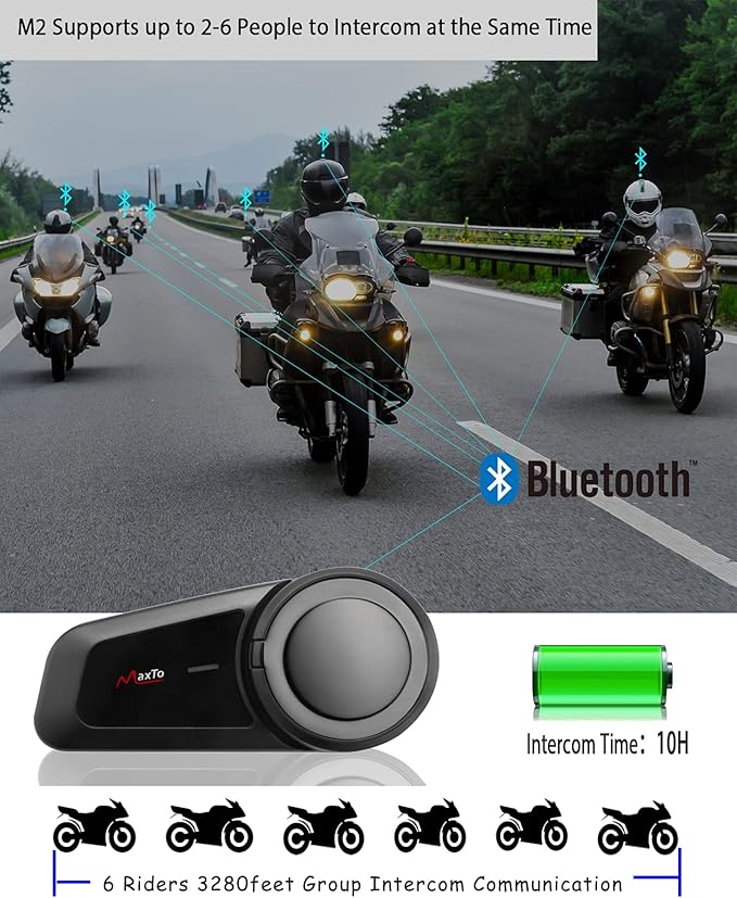 MAXTO Motorcycle Bluetooth Headset, M2 Group Motorbike Helmet Communication Systems 6-Way BT5.0 Waterproof Intercom 1000M Range with FM Radio,Siri,Voice dial for Ski/ATV/Full/Half Face(2 in 1 Mic)