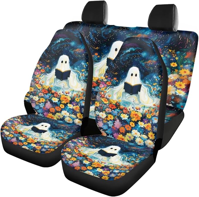 Halloween Ghost Design Car Interior Accessories Set of 18, Car Seat Covers Full Set with Floor Mats Steering Wheel Cover Shoulder Pads Roof Gloves Armrest Pad Cover Cup Coaster Keychains