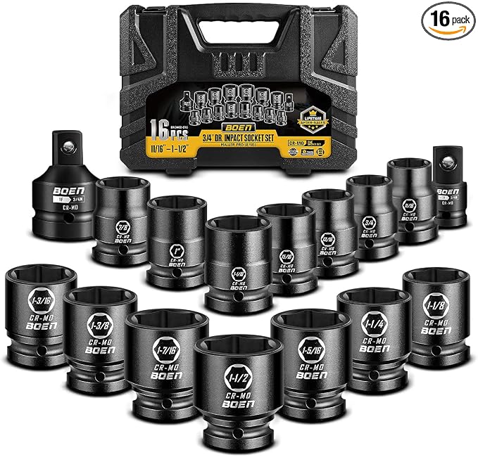 boen 3/4" Drive SAE Standard Socket Set, 11/16" - 1-1/2" Large Impact Sockets, 6-Point CR-MO Steel, Rugged Construction,16PCS with a Storage Case, for Large Vehicle and Machinery Maintenance