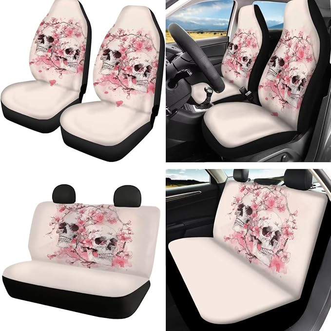 Skull Print Automotive Seat Covers & Accessories Peach Blossom Print Car Front Rear Seat Covers with Steering Wheel Cover Center Console Pad Seatbelt Pads Headrest Protectors