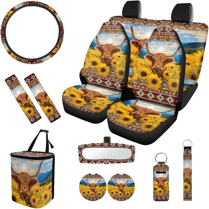 Sunflower Highland Cow Car Seat Covers Set of 12 Seat Belt Pad Cover Steering Wheel Cover Car Trash Can Rear View Mirror Cover Cup Coasters Keychains Keychain Holder
