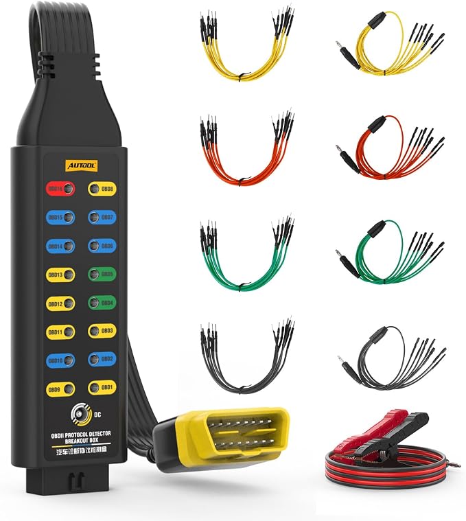 AUTOOL OBD II Protocol Detector Breakout Box – 16-Pin Diagnostic Tool with Ground, Power & Protocol Circuit Detection with Jumper and Clips