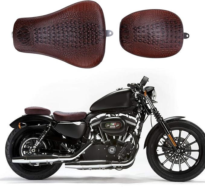 Motorcycle Brown Crocodile Front Driver Solo Seat+Rear Passenger Pillion Pad Compatible with Sportster 48 72 Iron 883 XL883 Forty Eight XL1200 Seventy Two 1200