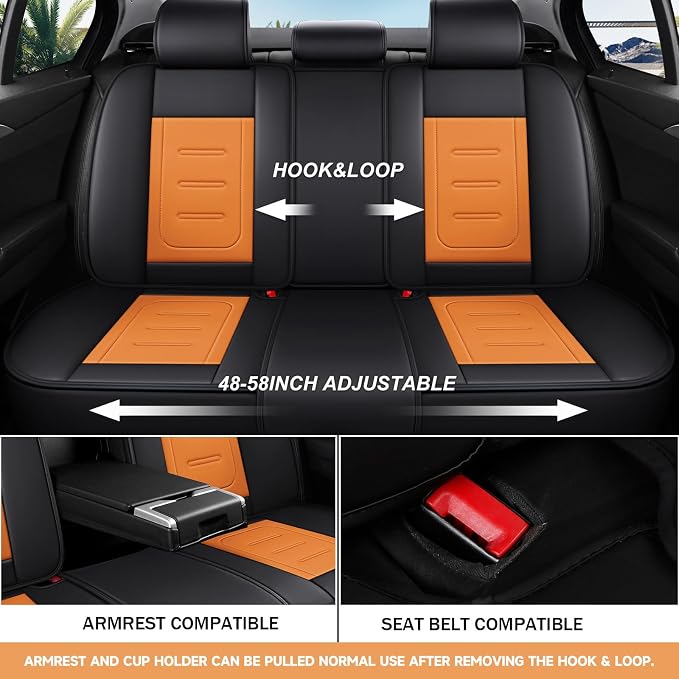 otoez Nappa Leather Car Seat Covers Full Set, Breathable Leather Automotive Seat Covers Front & Rear Seat Protectors with Lumbar Support, Universal Fit for Most Cars SUV Truck Sedan(Black+Orange)