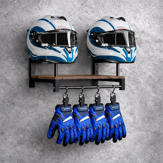 Motorcycle Helmet Holder Wall Mount, Helmet Rack with 2 Hat Stands and Glove Chips, Space-Saving Motorcycle Accessories Display for Garage, Bedroom, or Entryway
