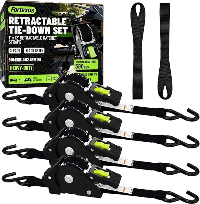 Retractable Ratchet Straps, 4-Pack, 1 Inch x 12 Feet, 1,760lb Break Strength, Self Retracting Tie Down for Truck, Cargo Trailer, Motorcycle, ATV, UTV (Black, 4pack)