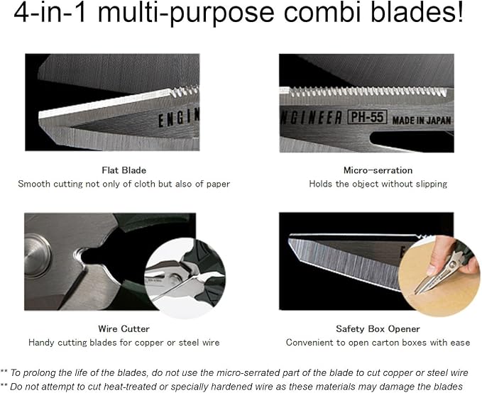 Engineer PH-55 Multi-Function Scissors + PZ-58 Screw Extraction Pliers + TWM-08 Ultra Slim 2mm Jaws Adjustable Pocket Wrench Bundle (Made in Japan)