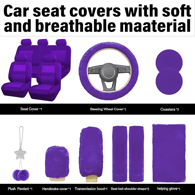 JINGSENCar Seat Cover Full Set for Women with Waterproof Floor Mats,3D Air Mesh Car Seat Cover with 5mm Composite Sponge Inside,Universal Fluffy Steering Wheel Cover,Accessories Full(Purple)