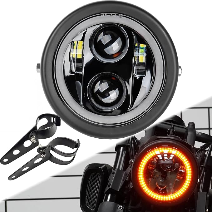 5.75inch 5-3/4 Black Motorcycle Headlight Smoked Amber Halo DRL with Matte Black Housing Bucket 32-40mm Fork Tube Side Mount Brackets Compatible with Motorbikes